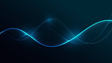 Parlak parçacıkların dinamik soyut dalgaları. Bu fütüristik dijital grafik pürüzsüz veri akışı ve teknolojik bağlantıyı gösteriyor.