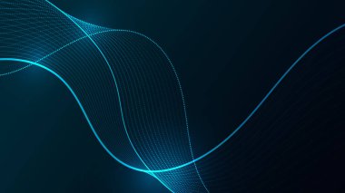 Parlak parçacıkların dinamik soyut dalgaları. Bu fütüristik dijital grafik pürüzsüz veri akışı ve teknolojik bağlantıyı gösteriyor.