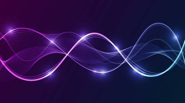 Neon ışık çizgileri ve parçacık akışı olan soyut dikey arkaplan. Geniş kopya alanına sahip gelecekçi teknoloji şablonu.