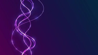 Neon ışık çizgileri ve parçacık akışı olan soyut dikey arkaplan. Geniş kopya alanına sahip gelecekçi teknoloji şablonu.