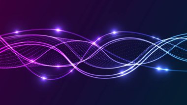 Neon ışık çizgileri ve parçacık akışı olan soyut dikey arkaplan. Geniş kopya alanına sahip gelecekçi teknoloji şablonu.