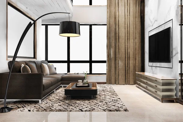 Rendering Luxus Und Modernes Wohnzimmer Mit Ledersofa — Stockfoto