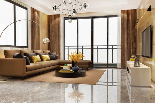渲染奢华和现代客厅里的真皮沙发 — 图库照片