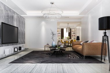 3 boyutlu modern yemek odası ve oturma odası retro koltuklu.