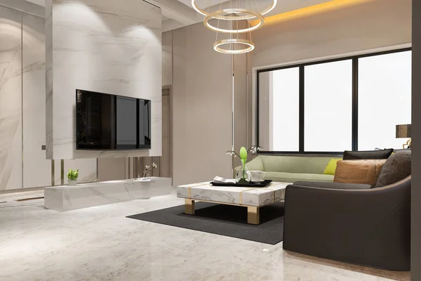 3d rendering loft luxury living room with design chandelier