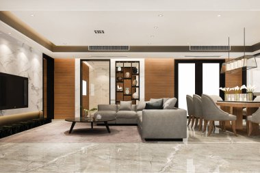 3 boyutlu modern yemek odası ve oturma odasını lüks dekorlarla donatmak.