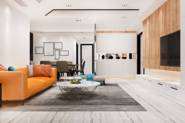 3D render lüks ve modern sarı oturma odası kanepe ile