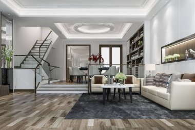 3d rendering  luxury classic wood living room near stair and chandelier decor with high ceiling