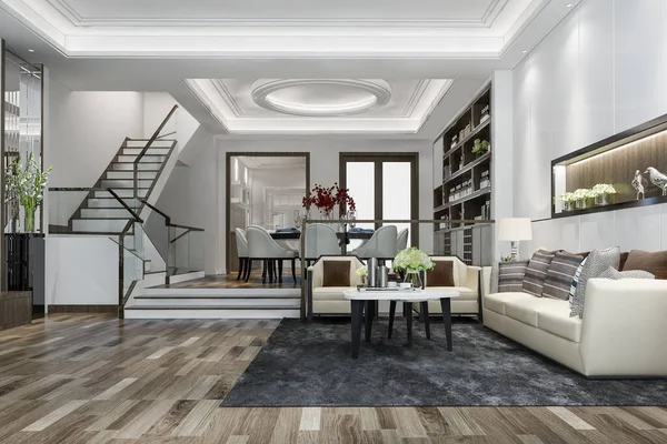 3d rendering  luxury classic wood living room near stair and chandelier decor with high ceiling