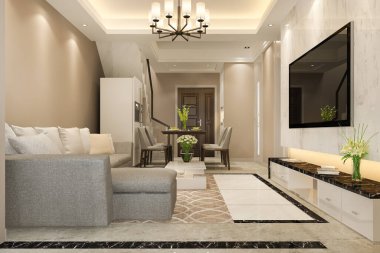 3 boyutlu modern yemek odası ve oturma odasını lüks dekorlarla donatmak.