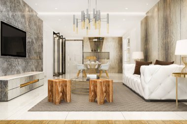3 boyutlu modern yemek odası ve oturma odasını lüks dekorlarla donatmak.
