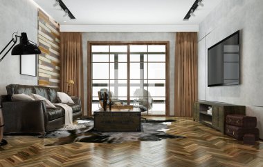 3D, lüks ve modern oturma odası deri kanepe, lamba ve ahşap dekor tarzı.