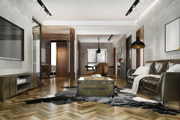 Rendering Modernes Esszimmer Und Wohnzimmer Mit Luxuriösem Dekor Loft Stil — Stockfoto