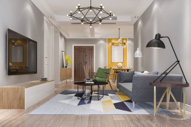 3D rengarenk oturma odası retro tarzıyla renklendiriliyor