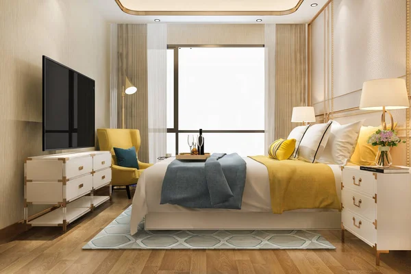 Καθιστώντας Όμορφη Πολυτέλεια Κίτρινο Υπνοδωμάτιο Σουίτα Στο Ξενοδοχείο Τηλεόραση Και — Φωτογραφία Αρχείου