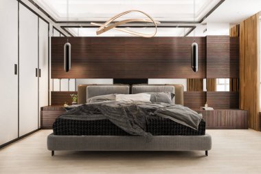 3D, otel odasındaki, televizyon ve dolabı olan lüks, modern bir süit.