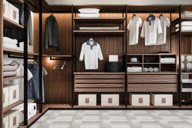 3D render en az İskandinav ahşap dolap dolap ile yürümek