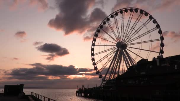 Great Wheel Pier Puget Sound Sunset Seattle Washington Eua — Vídeo de Stock