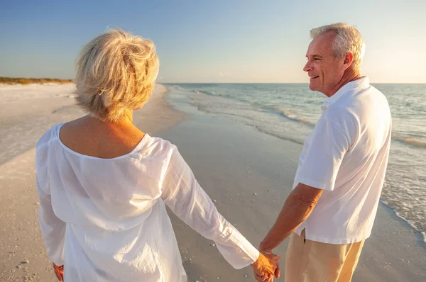 Happy Senior Man Woman Old Retired Couple Walking Holding Hands — Stock Photo, Image