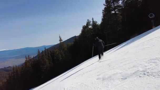 Mężczyzna Narciarz Ubrany Czarno Mężczyzna Zjeżdżający Drzewie Pokrytym Śnieżną Górską — Wideo stockowe