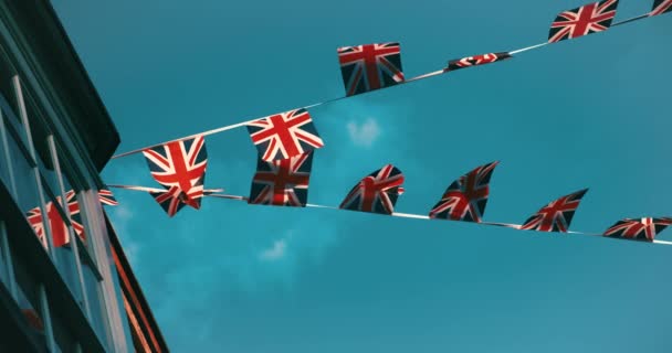 Union Jack Flags Flying Houses Streets England Great Britain — Video Stock