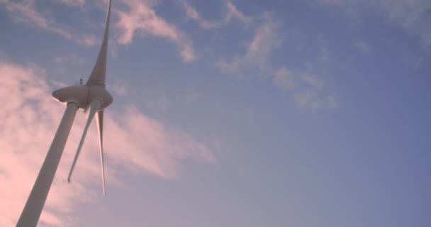 Větrný Mlýn Větrné Turbíny Otáčí Teplé Večerní Modré Obloze Růžovými — Stock video