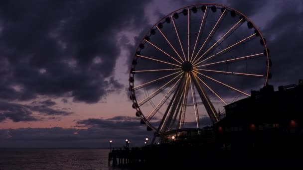 Timelapse Time Lapse Great Wheel Tramonto Pier Seattle Washington Usa — Video Stock