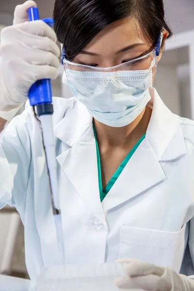 中国亚洲女医学科学家 科学研究人员或医生在医学研究实验室或实验室使用管道和细胞盘 — 图库照片