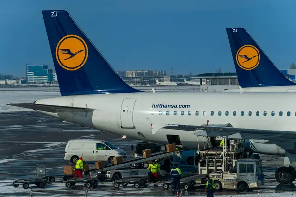 Luchthaven Sofia Bulgarije Januari 2014 Bagage Vracht Wordt Geladen Lufthansa Rechtenvrije Stockfoto's