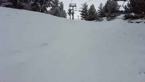 Video Clip Van Vier Personen Ski Stoeltjeslift Gaan Door Bomen — Stockvideo