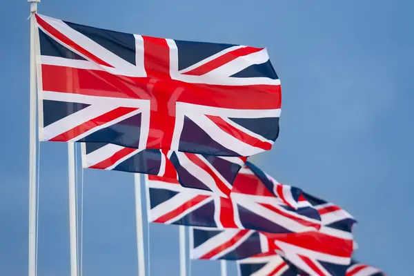Fila União Jack Bandeiras Britânicas Que Voam Mastins Contra Céu Fotografia De Stock