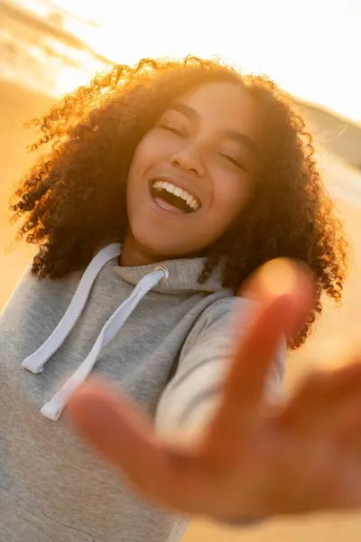 Young Teenage Woman Teen Girl Female Smiling Perfect Teeth Reaching Stock Image