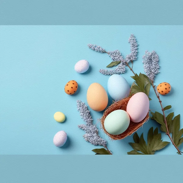 Illust Gráfica Huevos Color Pascua Sobre Fondo Azul Claro Pintura — Foto de Stock