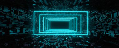 Siber oda arka planında yeni parlak bir tünel. Koyu üç boyutlu lazer mavi koridor, dijital yüzey oluşturur. Sanal gerçeklikte renkli dikdörtgen hiper atlama