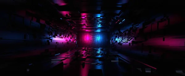 ネオン照明の背景を持つ未来的な廊下 宇宙船の暗い3Dレンダリングでデジタル輝く赤い青色の部屋 電子回路とテクノインテリアとトンネル — ストック写真