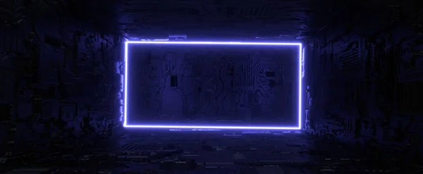 デジタルトンネルの背景にレーザー紫色のフレーム 3Dレンダリングネオン輝く長方形と暗い未来的なテクノ廊下 電気式設計の仮想部屋 — ストック写真