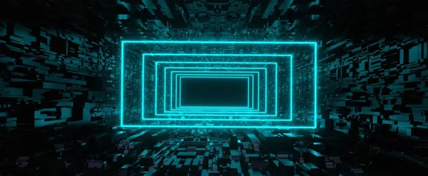 サイバールームの背景に新しい輝くトンネル 暗い3Dレンダリングデジタル表面のレーザーブルーの廊下 仮想現実のカラフルな長方形のハイパージャンプ — ストック写真