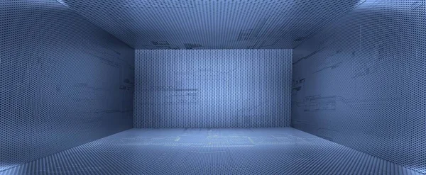 Szürke Fémes Techno Szoba Hálós Háttérrel Futurisztikus Üres Alumínium Folyosó — Stock Fotó