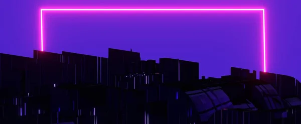 Natt Abstrakt Stad Med Neon Ram Bakgrund Futuristisk Mörk Metropol — Stockfoto