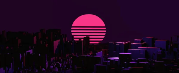 Sentetik Güneş Arka Planına Sahip Neon Gece Şehri Kırmızı Buharlı — Stok fotoğraf