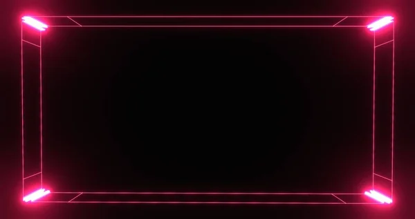 Neon red cyber frame with backlight background. Digital rectangular techno lines with 3d render futuristic lamps. Web advertising banner for design and presentation