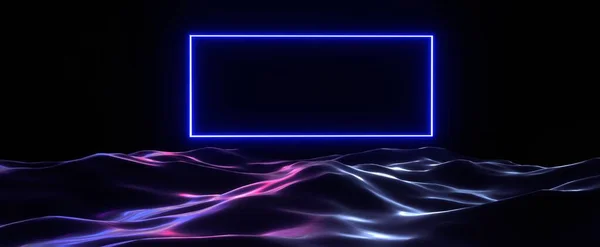 Glowing frame in neon sea background. Purple abstract ocean with 3d render rectangular blank screen of night glowing highlights and digital design