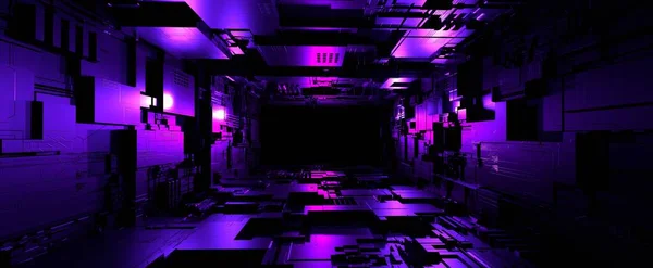 ネオン照明の背景を持つサイバーゲートウェイ 宇宙船の暗い3Dレンダリングでデジタル輝く紫色の未来的なトンネル 電子回路とテクノインテリアとの回廊 — ストック写真