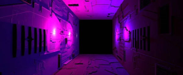 Futuristiska Neon Techno Korridor Med Belysning Bakgrund Digitalt Glödande Lila — Stockfoto