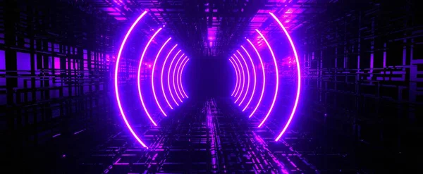 Laser neon round tunnel in digital background. Dark techno gateway with 3d render purple glowing circle. Virtual futuristic room with electric led design