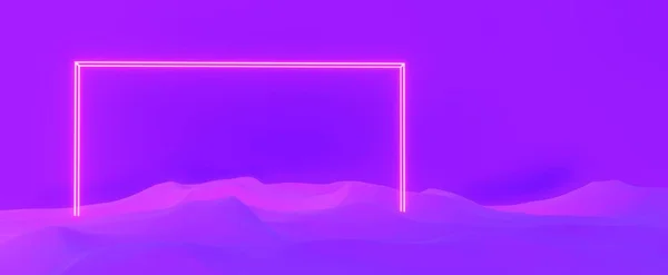 紫色の波の背景にレーザー輝くフレーム 赤ネオンライトと明るいグラデーションの3Dレンダリングと未来的なエネルギーフローバナー 仮想現実におけるサイバーパルスの概要 — ストック写真