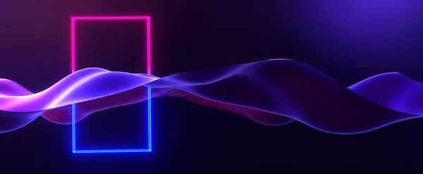 Neon wave with glowing frame background. Futuristic energy flow banner with purple laser light and 3d render with night bright gradient. Abstract cyber pulse in virtual reality