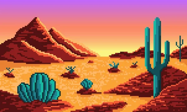 Pixelová Poušť Horami Kaktusy Pozadí Horké Suché 8Bitové Údolí Žlutým — Stockový vektor