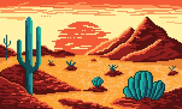 Pixel Horká Poušť Horami Kaktusy Pozadí Suché 8Bitové Údolí Žlutým — Stockový vektor