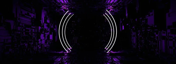 デジタルルームの背景にレーザーネオンポータルフレーム 3Dレンダリング紫色の輝く楕円と暗い未来的なテクノゲートウェイ 電気式設計の仮想トンネル — ストック写真